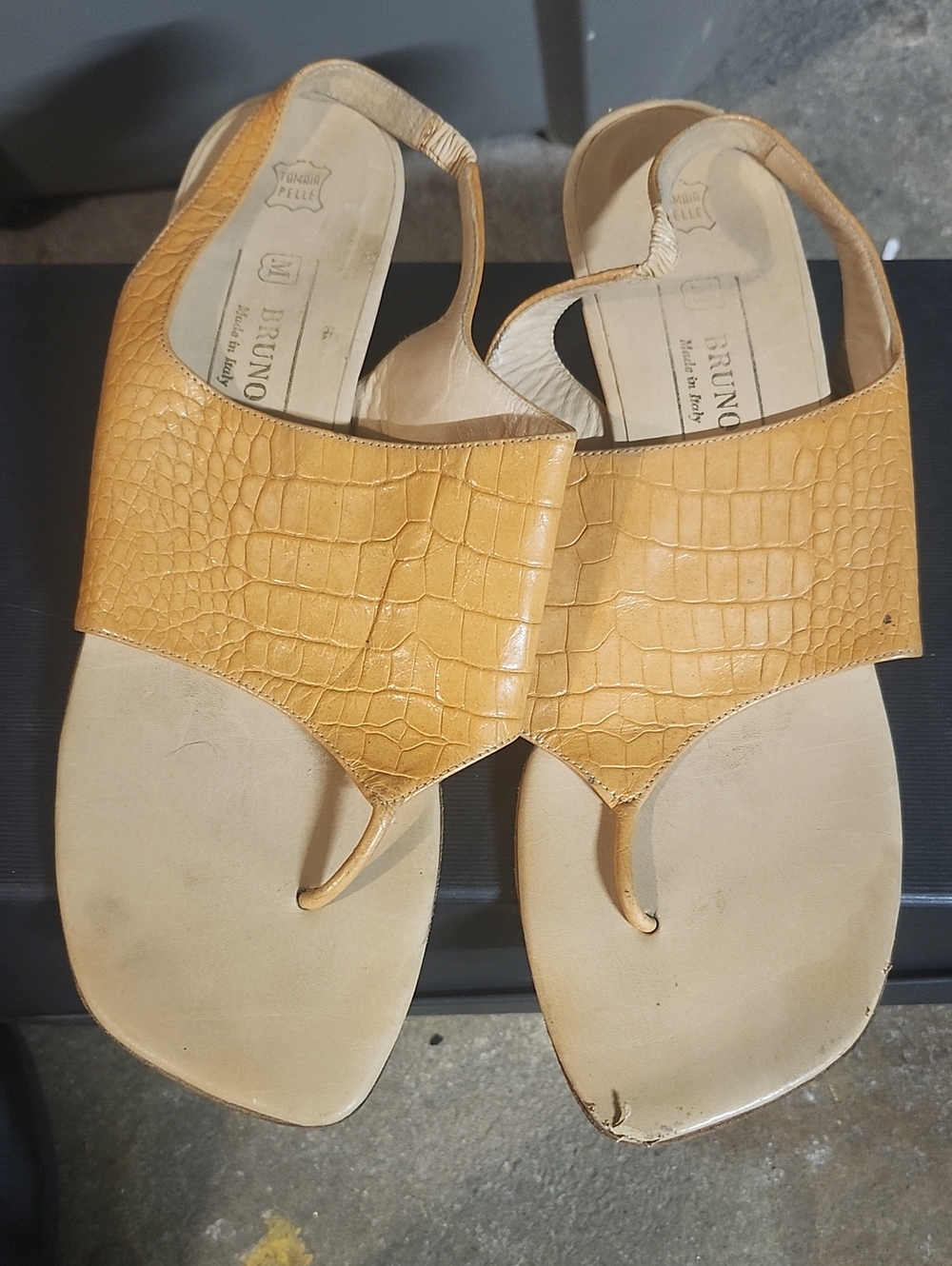 Bruno Magli Croc-Embossed Tan Leather Thong Sandals